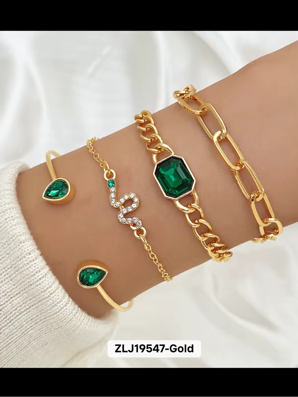 Gold Bracelet Set with Emerald Green Stones - Layered Womens Jewelry